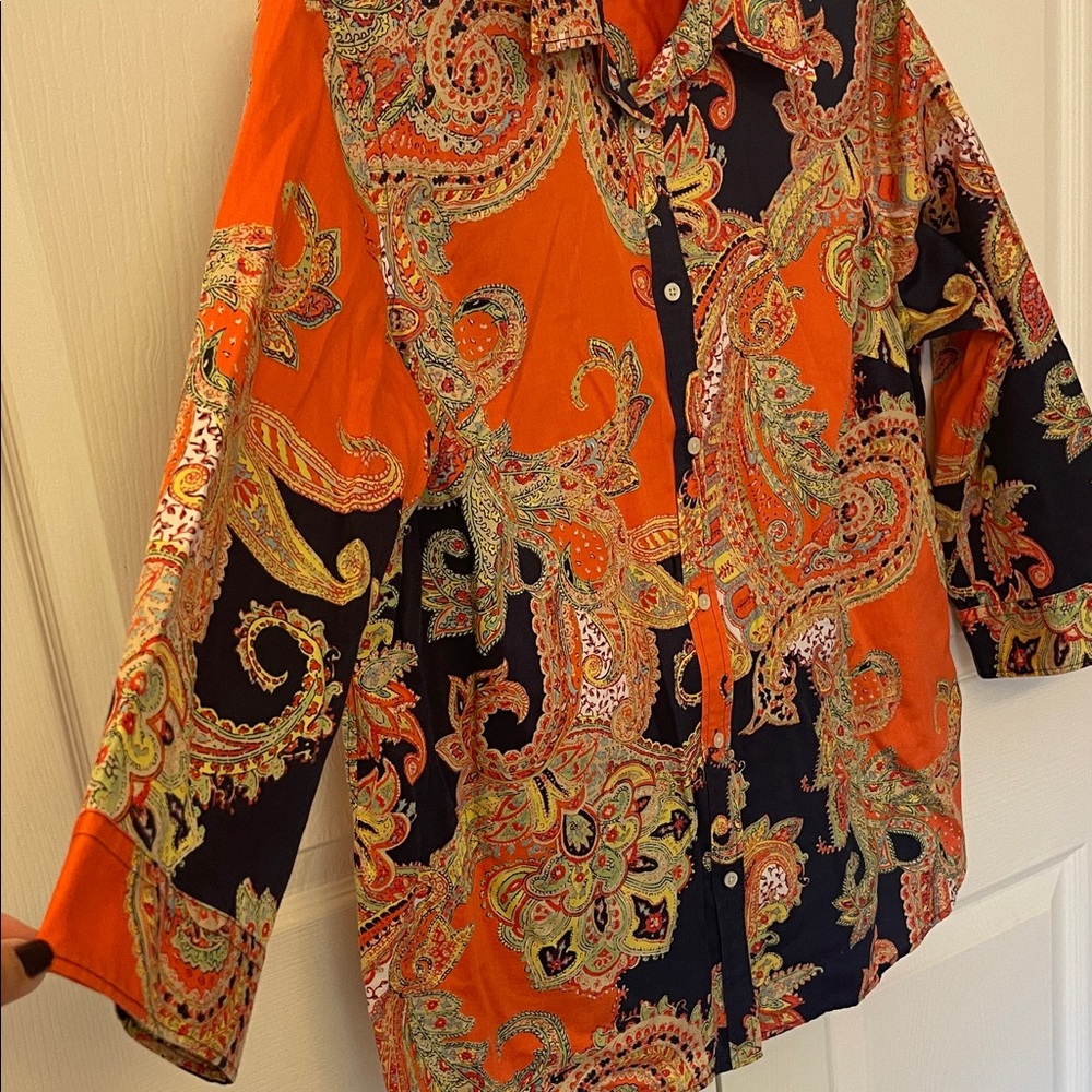 Ralph Lauren Women’s Vibrant Orange Black Paisley Buttondown Blouse Top Size 1X - Picture 3 of 12